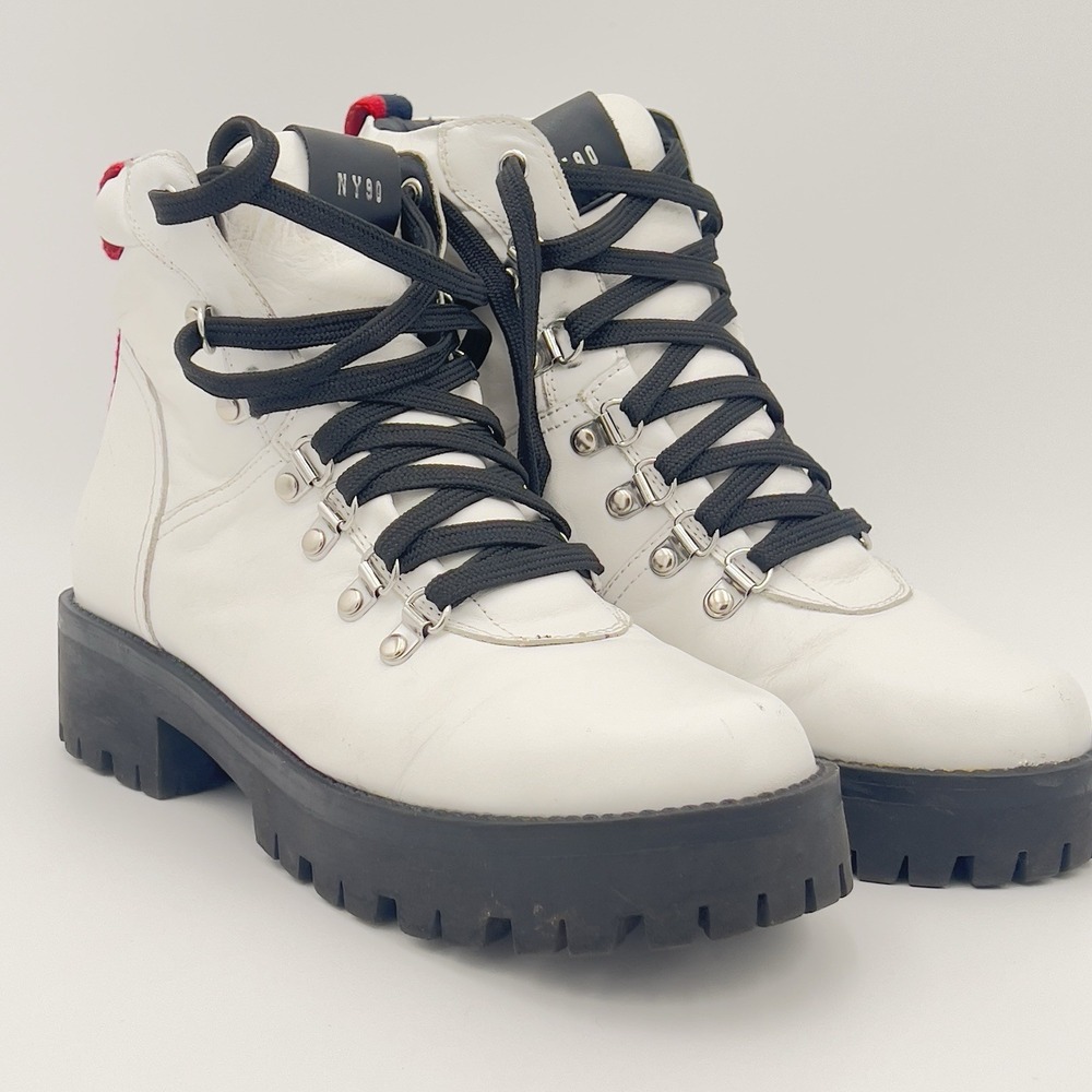 STEVE MADDEN Chunky Y2K Platform BAM Moto Boots NY90 Stripes Leather Combat‎ 9